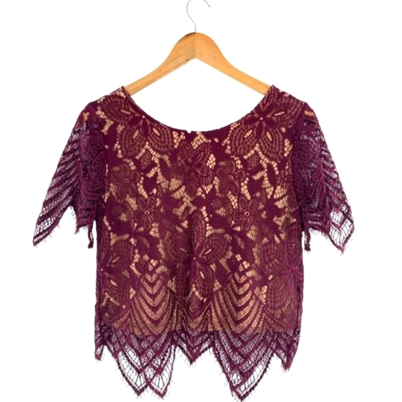 Express Wine Lace Overlay Lined Crop Top - Picture 5 of 9